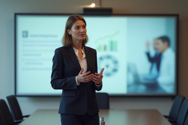 Maria, a confident executive giving a presentation